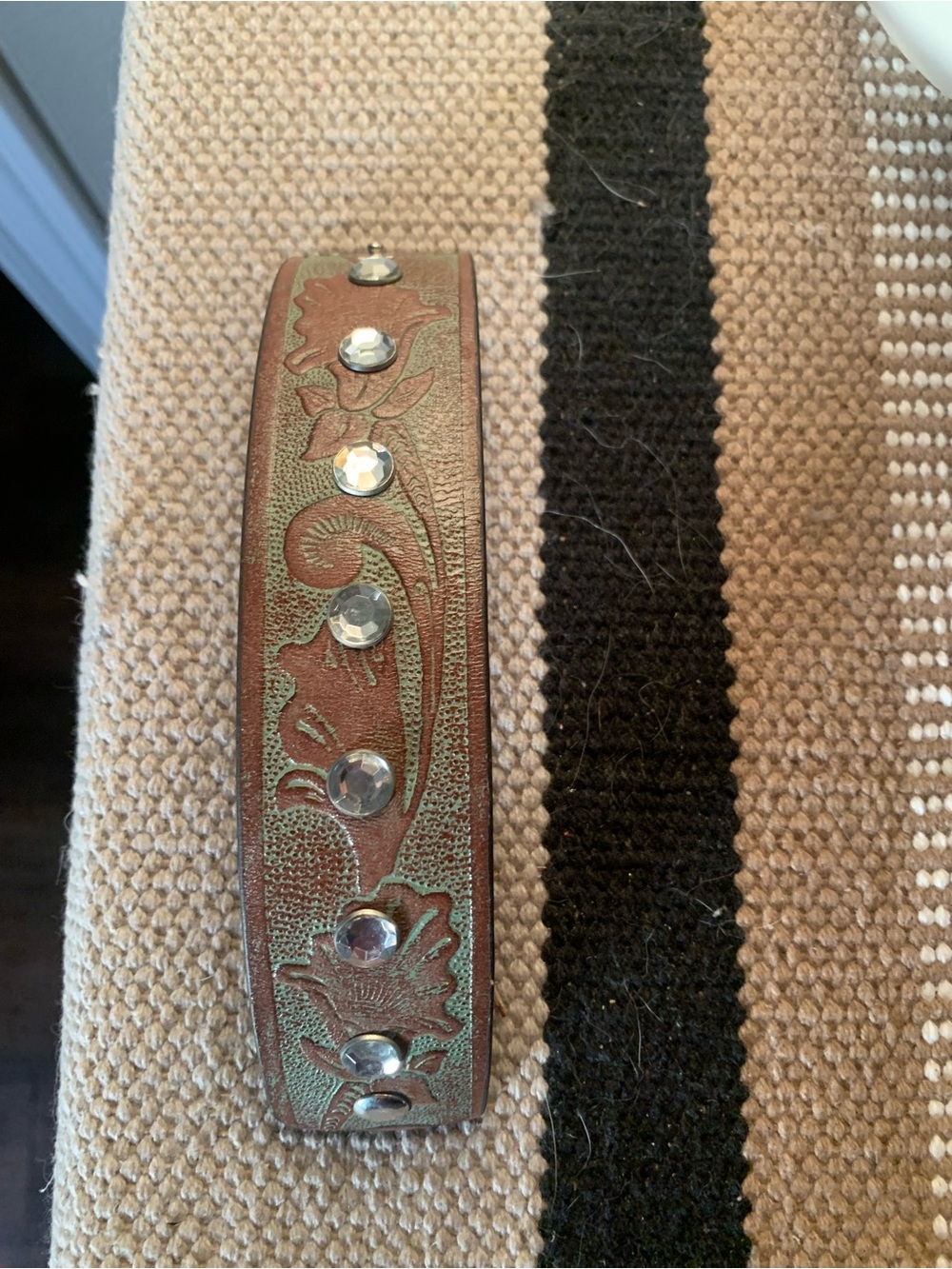 Brown Leather Tooled Bracelet with Rhinestones